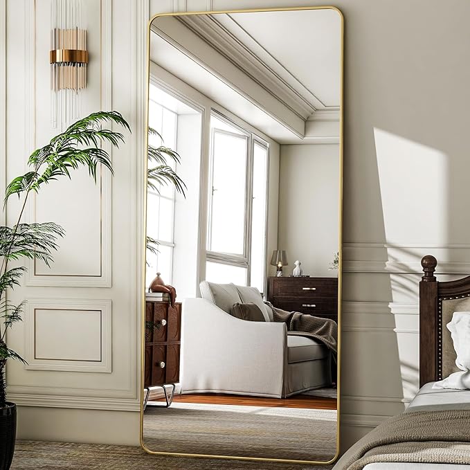 HARRITPURE 71x32 inch Rounded Full Length Mirror Aluminum Frame Gold Mirror Full Length Floor Mirror with Stand for Living Room Bedroom Cloakroom