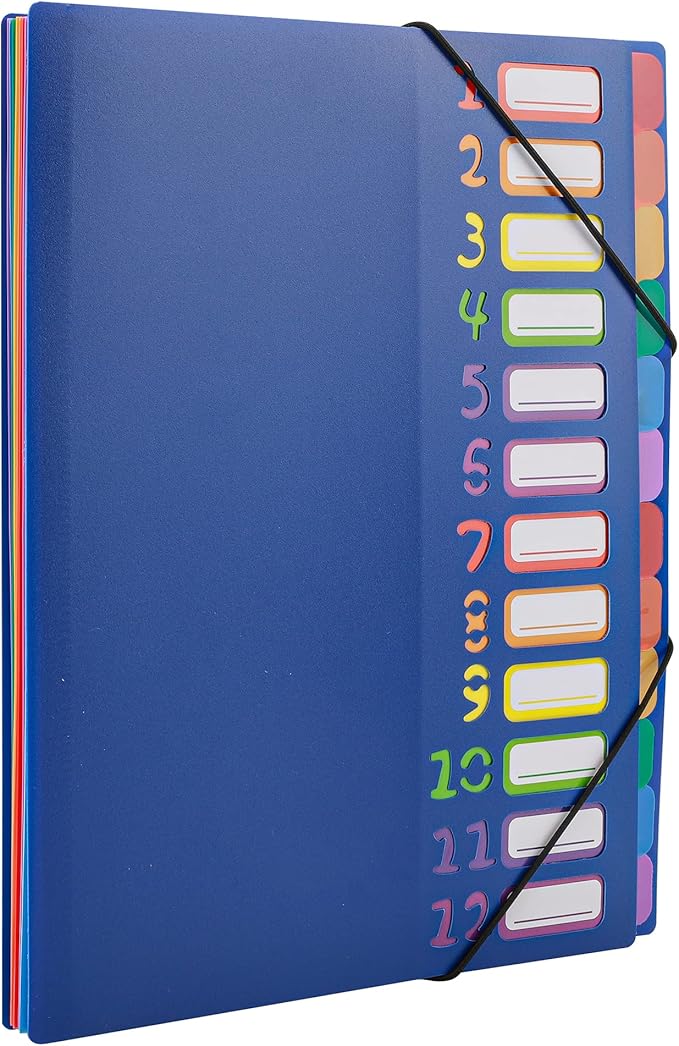Rainbow Tab Expanding File Folder - 24 Pockets, Durable A4 Letter Size Organizer, Water-Resistant Plastic Dividers, Home/Office/School Document Holder (Blue)