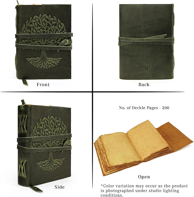 LUXEORIA Tree Of Life Leather Journal for Women and Men, Handcrafted Leather Journal for Writing Womens, Sketchbook, Travel Diary with Unlined Deckle Paper, Dark Green 5x7