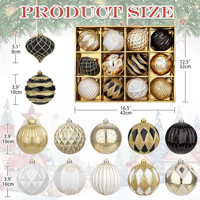 Hollyone 4 Inch Black & White & Gold Christmas Ornaments - 12 Pcs Shatterproof Tree Ornaments for Xmas Tree Decor & Party Wreath Home Decor