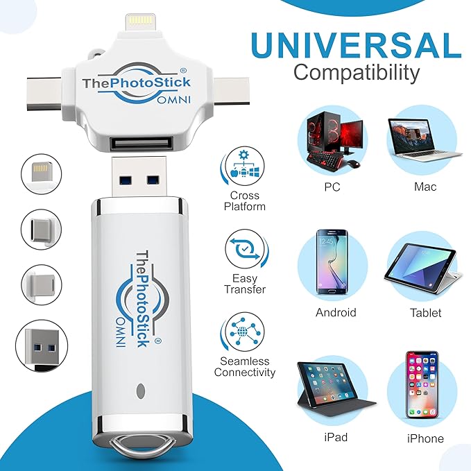 ThePhotoStick® Omni 64GB + Protective Case | Secure Photo & Video Backup and Transfer | Digital File Organization | USB & Multiport Connection for Phones, Tablets and Computers | Water Resistant Case