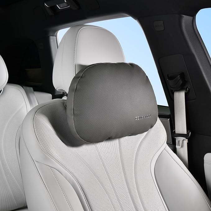 Coverado Leather Car Headrest Pillow Car Neck Pillow with Adjustable Strap, Head Support Rest Driver Relax Head Muscles Relieve Driving Fatigue, Breathable & Removable Cover, Gray