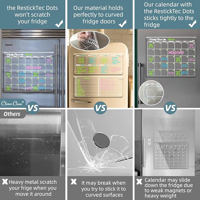Clear Non-Magnetic Calendar Set for Fridge - Dry Erase Transparent Monthly and Weekly Calendar, List and Blank Whiteboard - Sticks to Wall, Glass, Door, Any Smooth Surfaces