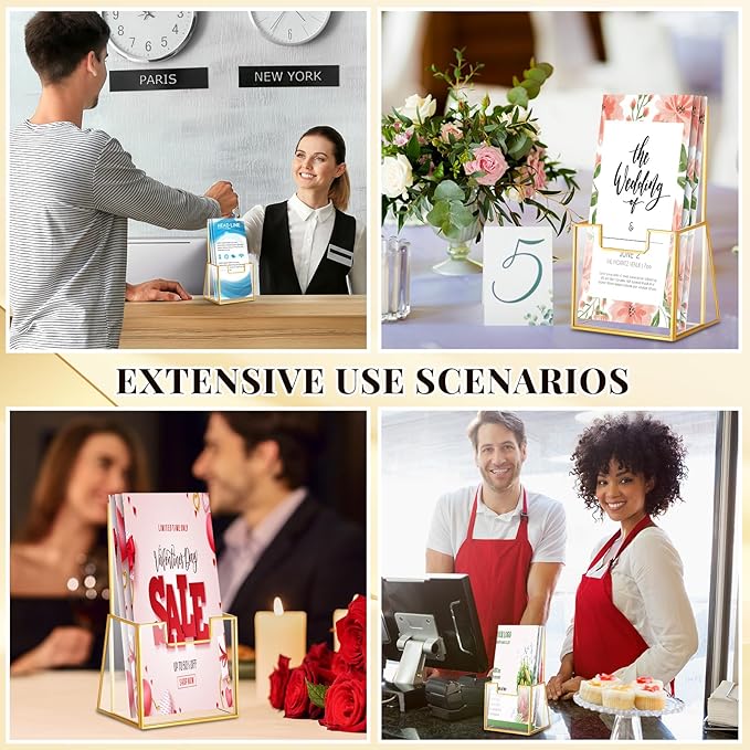 6 Pcs Gold Glass Brochure Holder 4 Inch Tabletop Literature Holder Stand Clear Trifold Pamphlet Flyer Brochure Display Stand for Magazine Booklets Menu Journals