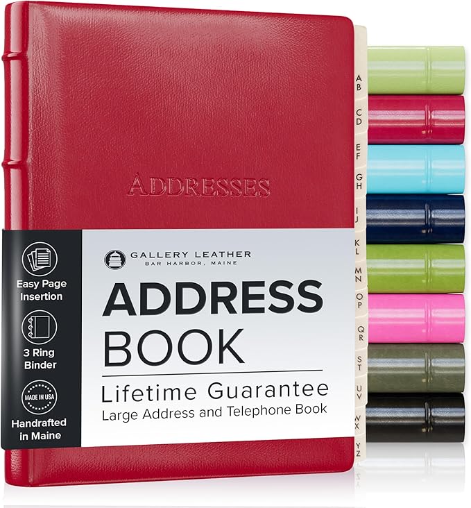 Gallery Leather Large Address Book with Alphabetical Tabs up to 480 Records, Leather Notebook Hardcover, Telephone and Address Books - 9x7", Desk Address, Camden Red