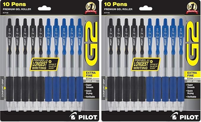 PILOT G2 Pens 0.5 mm - 20 Pack of 5 Blue and 5 Black Pens Ballpoint Extra Fine Point, Refillable & Retractable