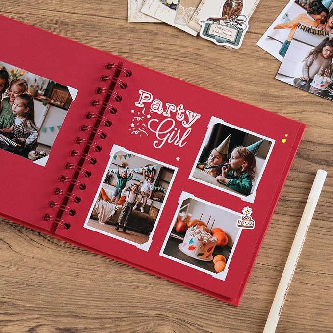 potricher 7 x 7 Inch DIY Scrapbook Album 40 Pages Hardcover Kraft Paper Scrap Book Photo Albums Memory Book for Wedding and Anniversary Family (Red, 7 Inch)