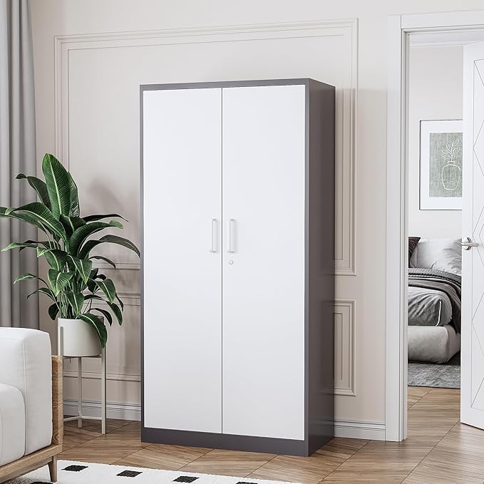 STANI Metal Garage Storage Cabinet with Lock, 71" Steel Lockable File Cabinet, Locking Steel Storage Shelf with 5 Adjustable Shelves for Home, Office, Warehouse, Garage, School (White+Grey)