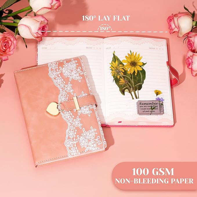 Lace Diary with Lock and Key for Women Girls 224 Pages Leather Password Journal with Lock A5 Locked Journals for Writing Note Taking, 5.6x 8.3, Pink