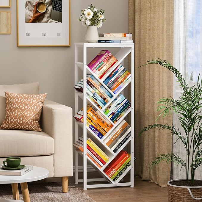 9 Tier Tree Bookshelf - White Book Shelf Floor Standing Modern Bookcase for Hardcover Books, Small Bookshelf for Small Spaces Bookshelves Wooden Book Storage Organizer Shelves for Bedroom Living Room