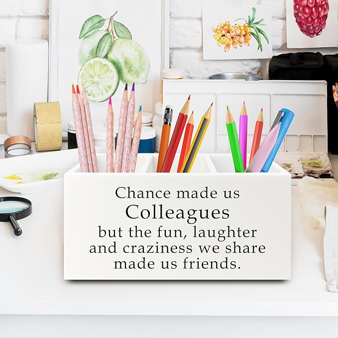 Colleague Gifts Pen Pencil Holder Organizer for Desk, Work Bestie Friends Gifts for Women, Coworker Friend Gift Wooden Box Sign for Home Office Desk Tabletop Decorations