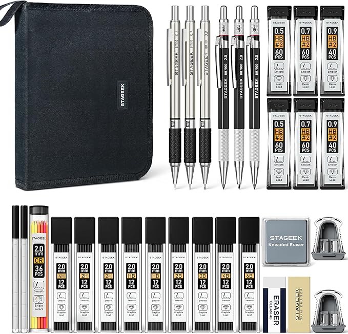 30PCS Mechanical Pencil Set with Canvas Bag, Drawing Pencils 0.5, 0.7, 0.9MM & 3PCS 2MM Sketching Pencil with 464PCS Leads (6B 4B 2B HB 2H 4H Color) for Artist Drafting Drawing Writing