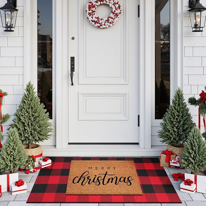 Christmas Door Mats Outside 24"x 51", Red/Black Buffalo Plaid Outdoor Rug Washable Cotton Hand-Woven Front Door Rug, Checkered Reversible Layered Door Mat for Porch,Entryway