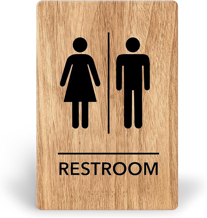 Promot Unisex Bathroom Sign – ADA Braille Restroom Sign for Business, Self-Adhesive, 9" x 6", Commercial Door Signage, Office Wall Decor - Oak