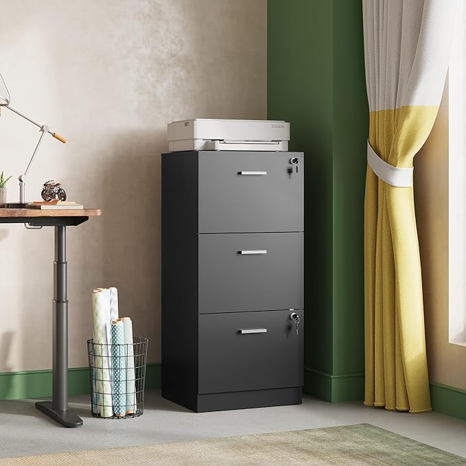 DEVAISE 3 Drawer File Cabinet with Lock, Vertical Wood Filing Cabinet for Home Office, Printer Stand for Letter and A4 Size, Black