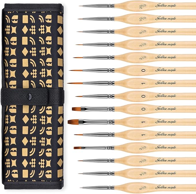 Golden Maple Miniature Paint Brushes, 15PC Model Brushes Micro Detail Paint Brush Set, Fine Detailing for Acrylics, Oils, Watercolors & Paint by Number, Figurine (Wood Color)