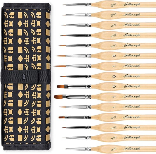 Golden Maple Miniature Paint Brushes, 15PC Model Brushes Micro Detail Paint Brush Set, Fine Detailing for Acrylics, Oils, Watercolors & Paint by Number, Figurine (Wood Color)