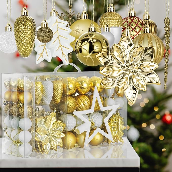 LARAINE Christmas Balls Ornaments 106 Pcs Decorations for Christmas Tree, Shatterproof Hanging Ball Variety Gift Set of Holiday Party Wedding Decoration (Gold&White)