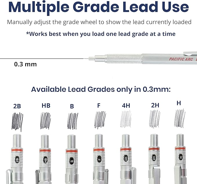Pacific Arc Chromagraph Metal Mechanical Pencil .3 mm Silver Barrel Mechanical Pencil with Built In Lead Pencil Grade Indicator, Lead Pencil Holder for Drafting, Sketching, and Drawing