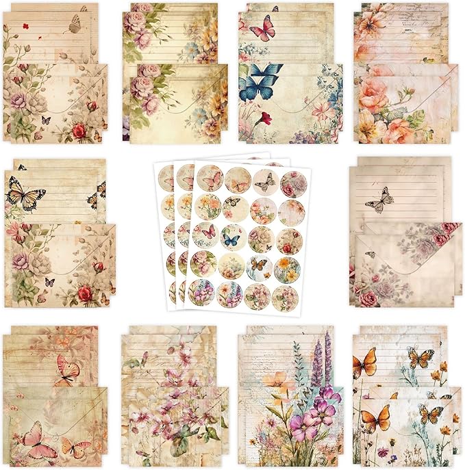 160 Packs Stationery Paper and Envelopes Set 10 Different Designs, 50 One Sided Stationery Writing Papers with 50 Matching Envelopes and 60 Round Dot Sticker, 5.5 x 8.25 Inch (VintagePlant)
