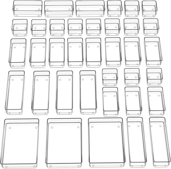 SMARTAKE 37-Piece Drawer Organizer with Non-Slip Silicone Pads, 4-Size Desk Drawer Organizer Trays Storage Tray for Makeup, Jewelries, Utensils in Bedroom Dresser, Office and Kitchen (Clear)