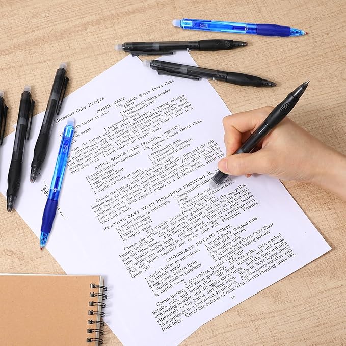 12 Pack Erasable Ink Pens, 0.5mm Fine Point Click Retractable Pens for Writing Black & Blue Ink for Sudoku Crossword Puzzles Office School Supplies