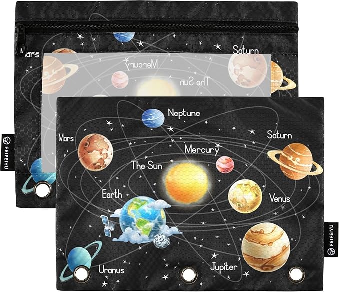 Solar System Pencil Pouch for 3 Ring Binder, 2 Pack Waterproof Pencil Bags Clear Window Zipper School Office Supplies