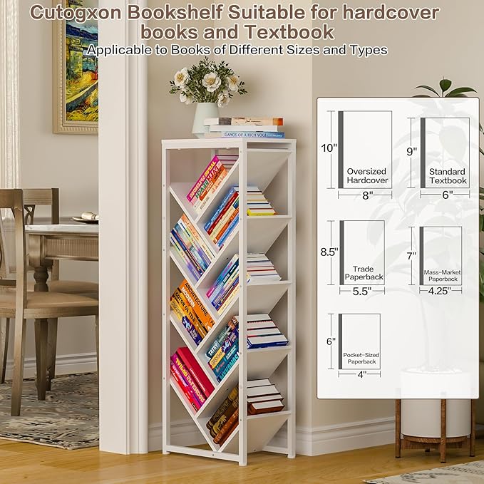 9 Tier Tree Bookshelf - White Book Shelf Floor Standing Modern Bookcase for Hardcover Books, Small Bookshelf for Small Spaces Bookshelves Wooden Book Storage Organizer Shelves for Bedroom Living Room