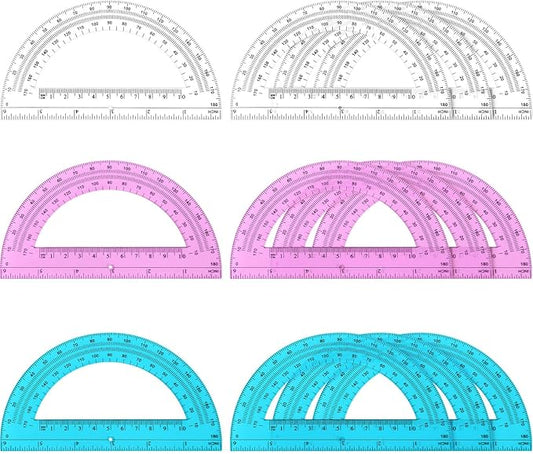 Zonon 12 Pack 6 Inch Plastic Protractor Back to School Protractors 180 Degrees Pink Blue Clear Protractors for Classroom Math Teacher Student Office Supplies