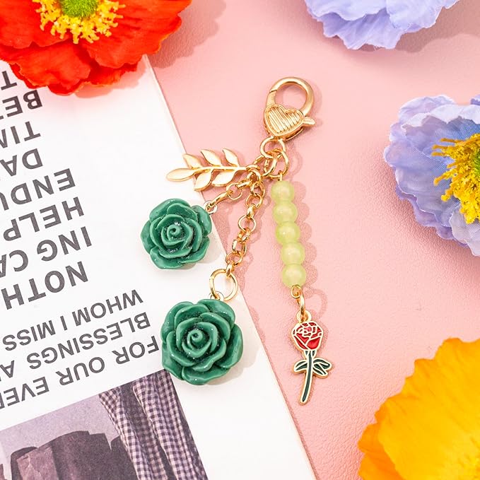Rose Purse Charms Cute Flower Keychain With Heart Sticker Charm Chain For Kindle Colorful Bag Charms For Handbags