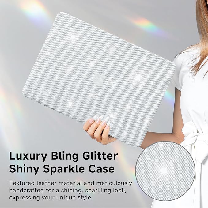 KEROM Glitter Case for MacBook Air 13 inch 2025-2022 M4 M3 M2 A3240 A3113 A2681, Luxury Bedazzled Shiny Bling Sparkle Textured PU Leather Hard Shell & Keyboard Cover for Mac Air 13.6 inch Case, White