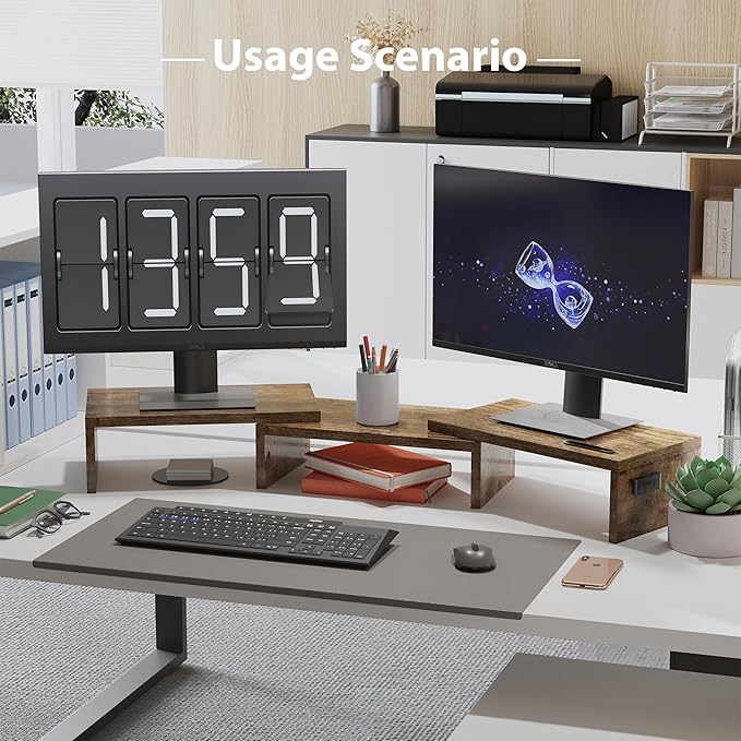 BONTEC Dual Monitor Stand Riser with Smartphone Holder, Adjustable Length & Swivel Angle, Ergonomic Wooden Desktop Organizer for PC Monitor, Laptop, Printer, Large Storage, Rustic Brown