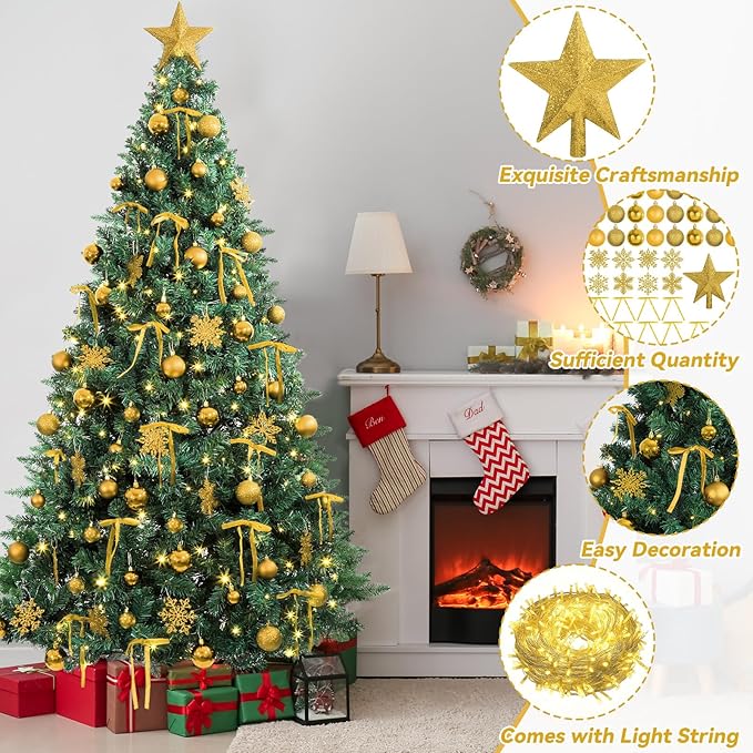 86Pcs Led Light Champagne Gold Christmas Tree Decorations Set 100 Led Light Christmas Star Trees Topper with String Lights Xmas Balls Snowflakes Ornaments Bows Xmas Trees Decor 20m Light String