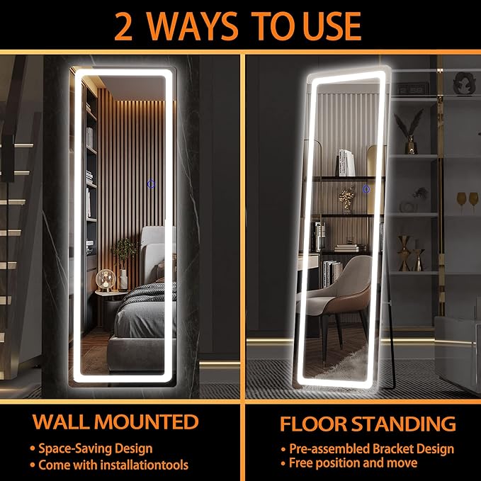 Hasipu Full Length Mirror with Lights, 56" x 20" LED Floor Mirror, Full Body Dressing Standing, Hanging Mounted Mirror for Living Room Bedroom Cloakroom, Round White