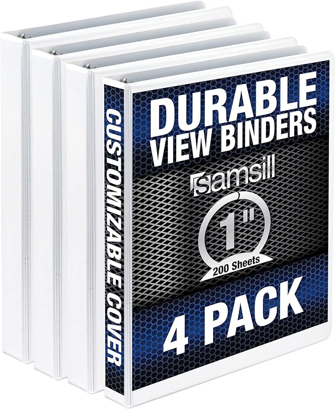 Samsill Durable 1 Inch Binder, Made in The USA, Round Ring Customizable Clear View Binder, White, 4 Pack (MP48437)