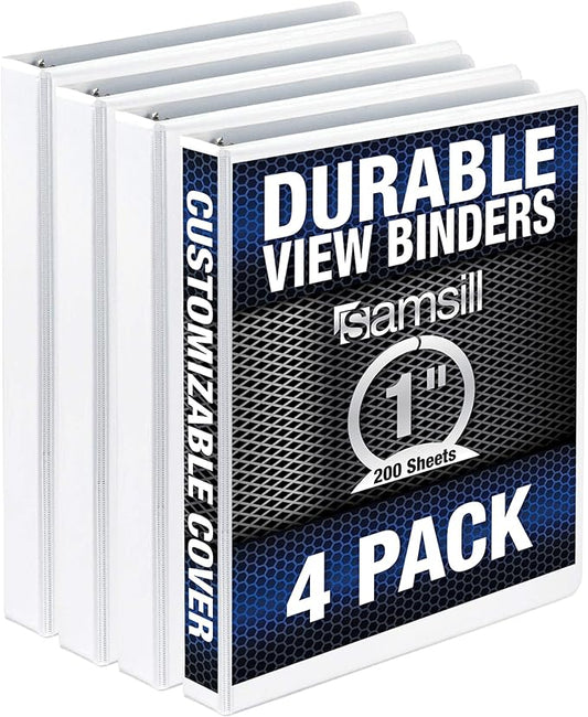 Samsill Durable 1 Inch Binder, Made in The USA, Round Ring Customizable Clear View Binder, White, 4 Pack (MP48437)