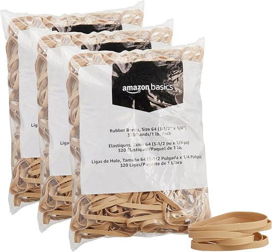 Amazon Basics Rubber Bands, Size 64 (1/4"), 320 Bands/1 lb Pack, 3-Pack, Tan