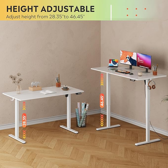 DEVAISE 55 Inch Electric Standing Desk, 3 Adjustable Height Stand up Desk for Home Office, Ergonomic Sit to Stand Desk with LED Touchscreen, Headphone Hook, 3 Memory Preset Computer Desk (White)