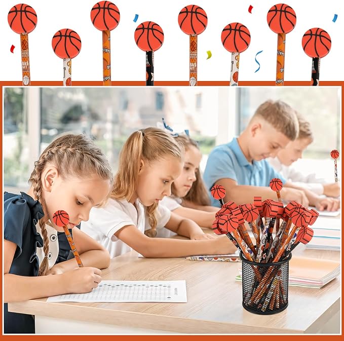 48pack Gifts Basketball Pencils and Erasers Stationery Pencils for Students Office School Classroom Rewards Supplies (basketball2)