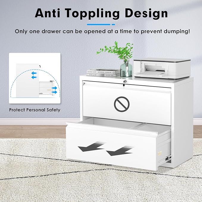 Pataku Lateral File Cabinet, 2 Drawer File Cabinet with Lock, White Filing Cabinets for Home Office, Metal File Cabinet for Hanging Files/Letters/Legal/F4/A4(White)