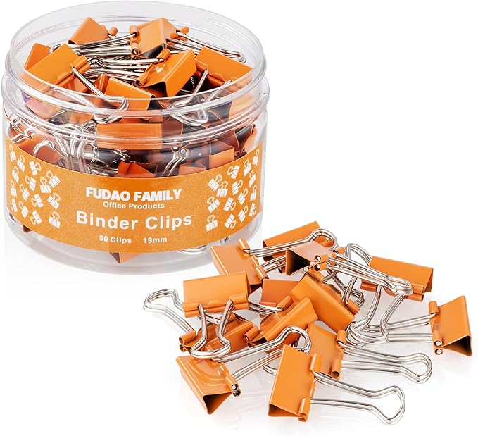 Small Orange Binder Clips, 3/4 Inch (19mm), 50 Pack Mini Clips