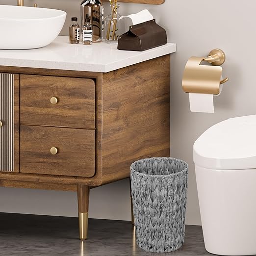 Endymion Grey Wicker Trash Can,Waterproof Wicker Waste Basket for Bathroom,Woven Waste Basket for Bedroom,2 Gallon Round