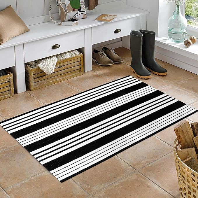 OJIA Cotton Black and White Striped Rug 2x4 Hand-Woven Indoor/Outdoor Area Rug Layered Door Mats for Front Porch/Entryway/Laundry Room/Bedroom/Outdoor