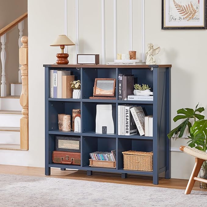 9 Cube Bookcase, Farmhouse 47 Inch Wide Navy Blue Bookshelf, Wooden 3 Tier Display Large Open Book Shelf, Vintage Horizontal Book Case for Home Office, Cubby Storage Cabinet for Living Room