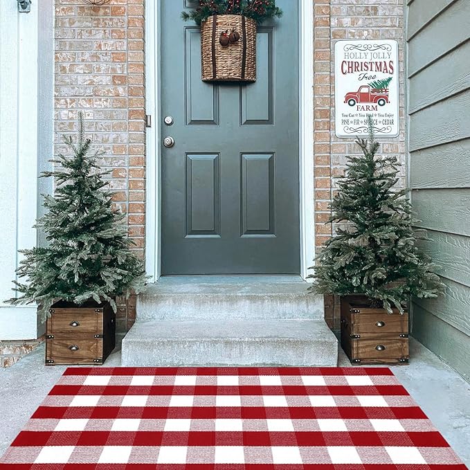 Christmas Red and White Plaid Rug, 3' x 5' Cotton Hand-Woven Layered Door Mat for Front Porch, Entryway, Outdoor Holiday Decor, Washable Buffalo Check Rug for Home, Patio, Kitchen