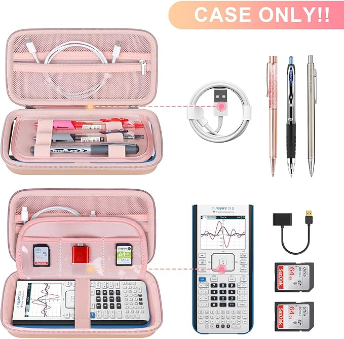 BOVKE Calculator Travel Case for Texas Instruments TI-Nspire CX II CAS/CX II/CX/CX CAS Graphing Calculators and More - Mesh Pocket for USB Charging Cables and Other School Supplies, Rose Gold