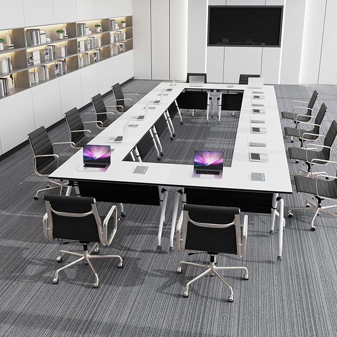 Conference Table, Folding Conference Room Tables, Mobile Training Tables with Silent Wheels, Large Rectangular Modular Seminar Table Office Computer Desks for Classroom White (2Pack L63in)