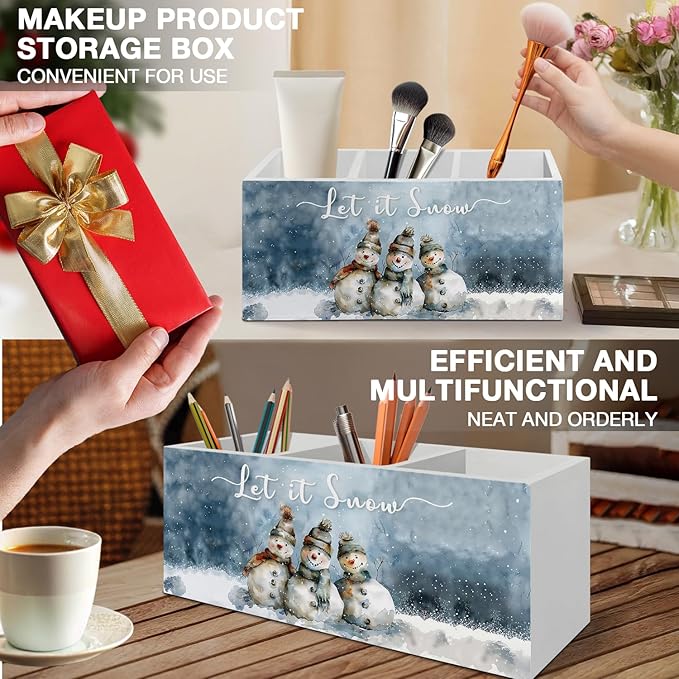Winter Christmas Snowman Pen Pencil Holder Organizer for Desk Accessories, Snowman Gifts, Snow Rustic Christmas Wooden Box Signs Decorations for Home Office Desk Tabletop