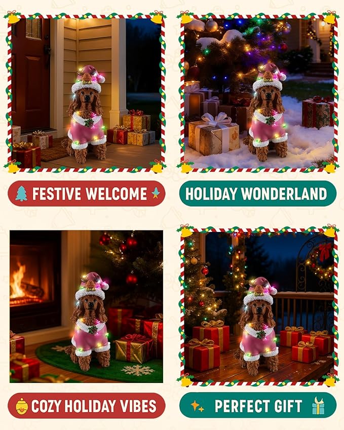 Christmas Decorations Outdoor Dog Statue, Resin Poodle Dog Sculpture with Pink Christmas Santa Outfit & Lights, Battery Operated Indoor Holiday Décor Gift for mom