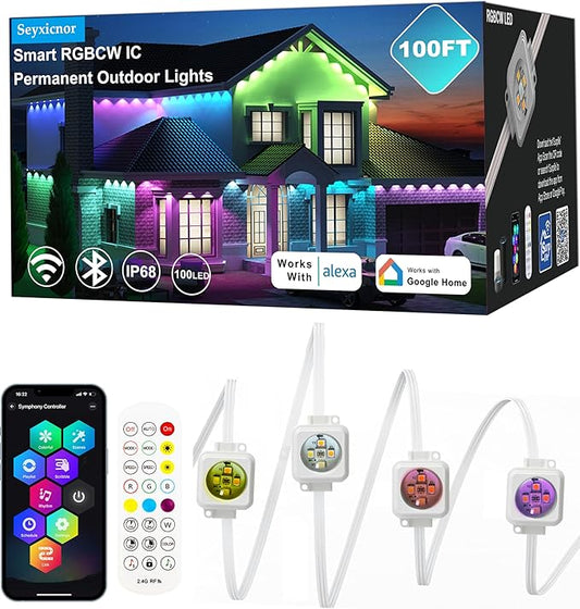 100ft Permanent Outdoor Smart Lights Pro with 60 RGBCW+IC LEDs & WiFi/Alexa Control, IP68 Waterproof Christmas Lights Outdoor Year-Round Lighting 108 Scene Modes for Daily, Halloween Décor
